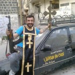 A Syrian rebel brandishes a looted cross in stolen vestments