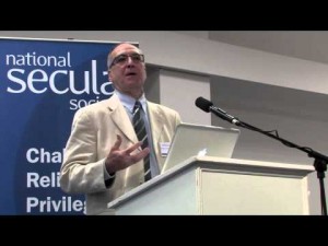 Ted Cantle, who wants an end to government funding for both faith schools and church-run soup kitches, speaking at a conference organised by the anti-Christian National Secular Society.