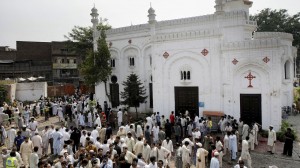 Worshipers outside All Saints Peshawar