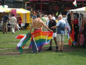 The six-colour rainbow ''diversity' flag on display at a homosexual rally.