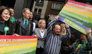 Natalie Bennett launching the GreenParty's 'LGBTIQ' manifesto in Soho with Peter Tatchell (l)