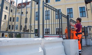 Taschenbeinpalais hotel in Dresden surrounded by guards and concrete for the Bilderberg meeting of the 'kings of the earth'
