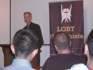 Peter Tatchell addressing LGBT Humanists at the Conway Hall