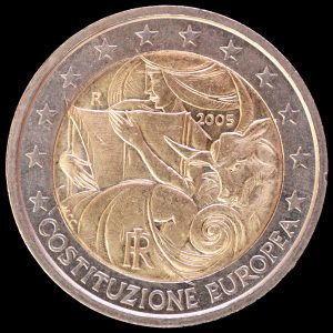 Europa writing the EU Constitution on an Italian 2-Euro coin.