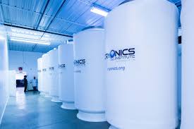 Freezing tanks full of liquid nitrogen and frozen bodies at Cryonics Institute