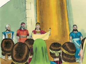 King Josiah reads the rediscovered law of God to the people (Image from freebibleimages.org)