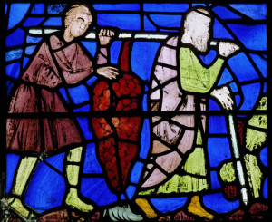 The spies return - with improbably large clusters of grapes in this stained glass window.
