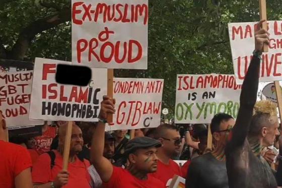 Gays and Muslims in Islamophobia row Homosexuals and a few ex-Muslims carry banners insulting Islam in the London Gay Pride Parade