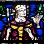 St David patron saint of Wales portrait painting in stained glass window with dove Strata Florida church Ceredigion Mid Wales UK. Image shot 2013. Exact date unknown.
