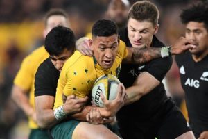 It takes two New Zealand All Blacks to bring down Israel Folau