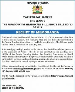 The Kenyan senate has published a call for memoranda on the Reproductive Health Bill.