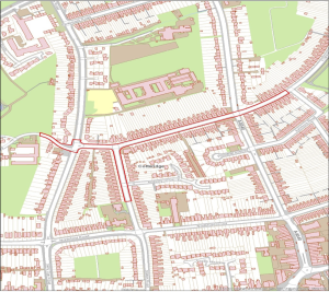 A map of the Birmingham PSPO or ‘Buffer Zone’.  The BPAS premises is on the corner of Franklin Road, the long road in the picture, and Station Road, leading off south.