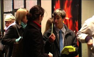 Leafleting theatre-goers about Jerry Springer the Opera outside the Cambridge Theatre in London’s Seven Dials theatreland