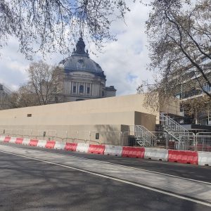 Staging going up opposite Westminster Abbey so a select few may watch the coronation procession.