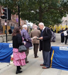 Stephen giving out our leaflets at the Conservative Party Conference in Manchester.