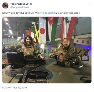 Toby Perkins tweeted enthusiastically about him and fellow Labour MP Liz Kendall posing in a tank.