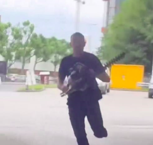 A man wielding a hedge trimmer after an altercation at a petrol station.