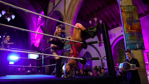 Reuters: Female wrestlers Kiara and Leonie Rose compete the during Kingdom Wrestling Toyal Rumble at St Peter's Church.