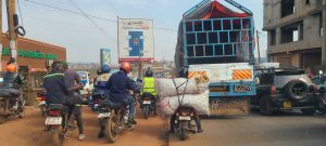 The 'jam' in Kampala. (Actually, we were waiting for the Presidential convoy to pass.)