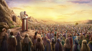 Moses. brings the Ten Commandments for the people to ratify