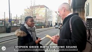 Outside the FSRH/RCOG conference December 2024, engaging with leading abortion-promoting celebrity Simphiwe Sesane.