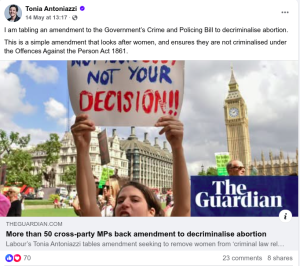 Tonia Antoniazzi writing about abortion amendment on her facebook page.