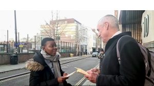 Stephenengaging with abortion advocate Simphiwe Sesane outside the RCOG in December 2024.