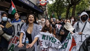 Students celebrating 7th October 2023 outside Holborn Station in London