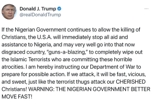 Trump threatens US military action in Nigeria over treatment of Christians
