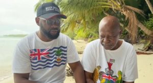 Chagossians Misley Mandarin (left) and his father on  Île du Coin in the Chagos Islands