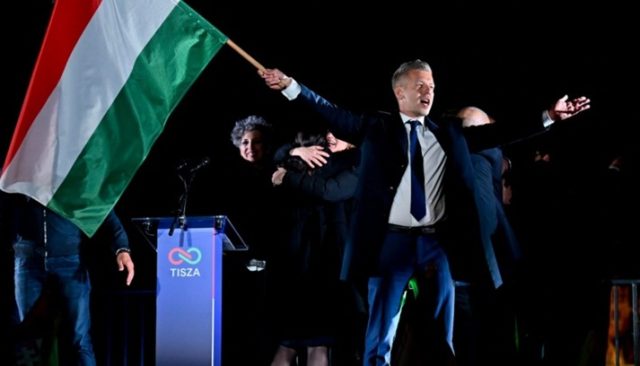 Peter Magyar celebrates his victory in the Hungarian general election