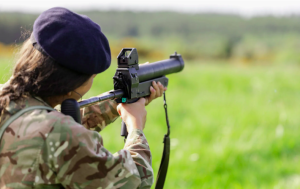 A soldier from The Royal Bermuda Regiment firing the L104A2 baton gun on Catterick training area. Credit: CreditCorporal Vincent Price